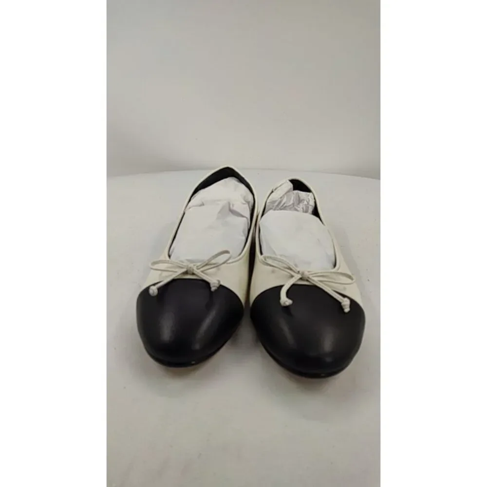 Quince Italian Leather Cap-Toe Ballet Flat Bone/Black Shoes 5 - Picture 2 of 3